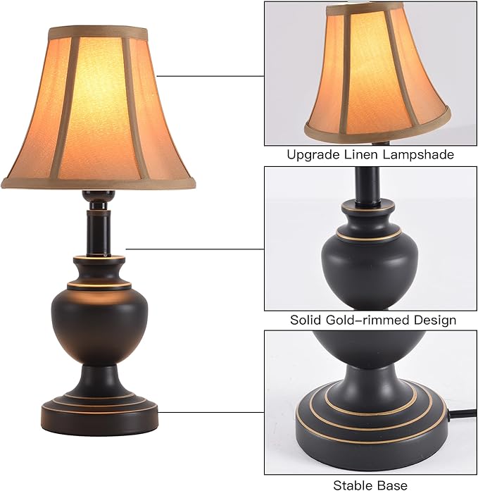 Traditional Table Lamp, Desk Lamp for Living Room with Fabric Shade, Vintage Bedside Lamp Black Finish for Bedroom Nightstand Office Hotel (Pack-01)
