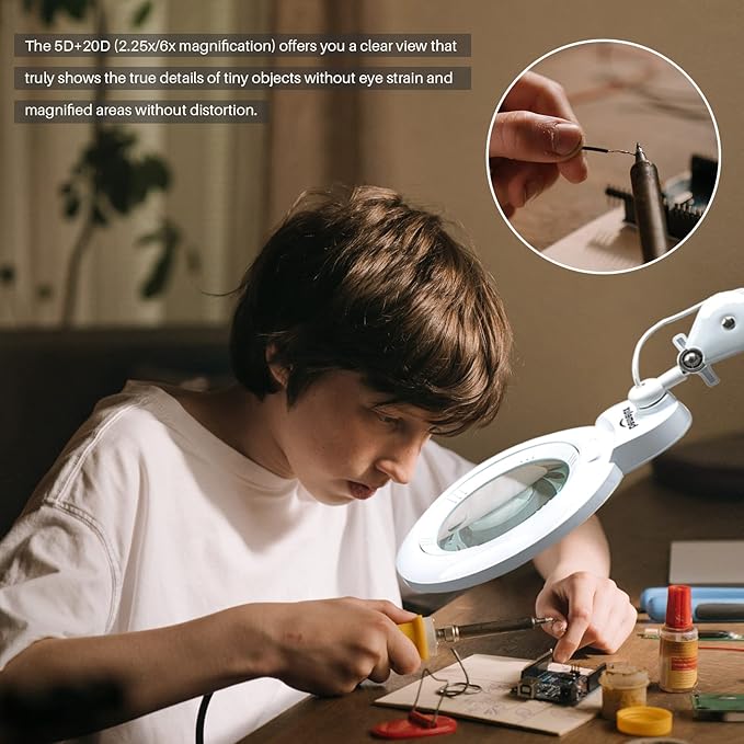 Bifocals Magnifying Desk Lamp with Clamp, 5 Diopter with 20 Diopter, 6 Inch Detachable Lens and 120PCS LEDs, 3 Color Modes 1200 Lumens Swivel Arm Magnifying Lamp with Light for Crafts (White)