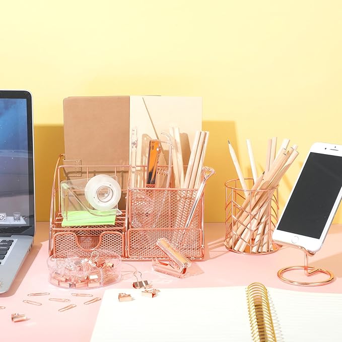 Rose Gold Office Supplies and Accessories, Rose Gold Mesh Desk Organizers with Tape Holder, Tape, Stapler, Staple Remover, 1000pcs Staples, Pen, Pen Holder, Ruler, Phone Holder, Clips, Scissor