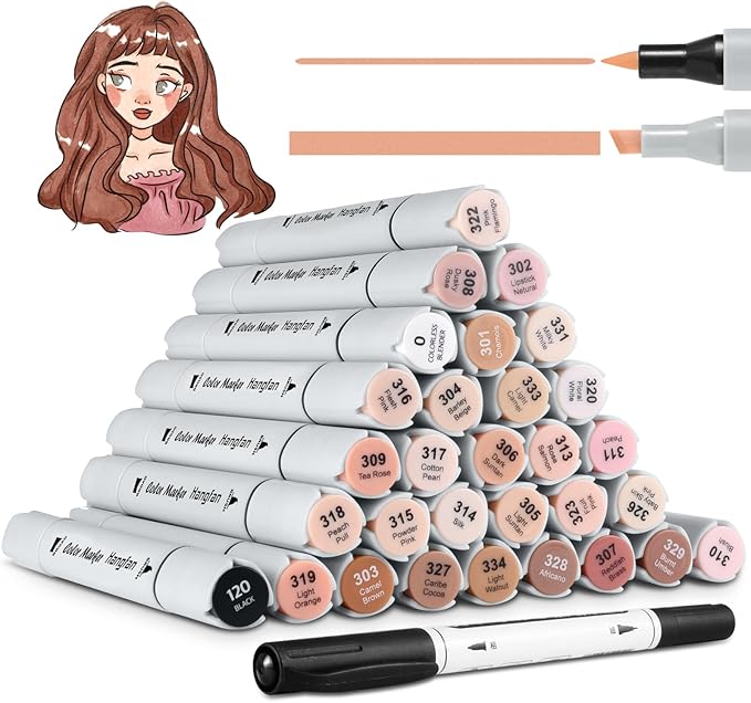 HOMSAlLMO Skin Tone Art Markers, 30 Flesh Colors Alcohol Based Markers Pens Set, Dual Tips Brush&Broad for Professional Artists Drawing Sketch Portrait Comics Coloring