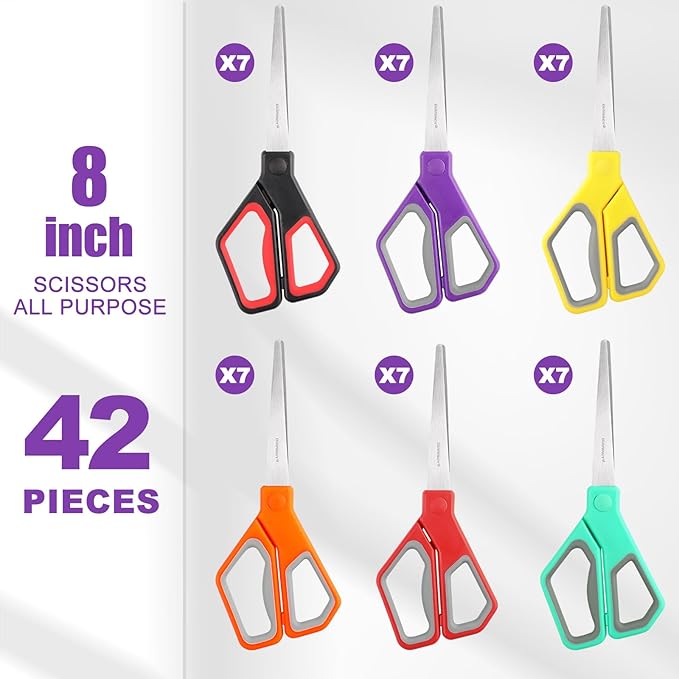 42Pack 8" Scissors All Purpose, Heavy Duty Scissors with Ultra Sharp Blades Comfort Grip Handles - For Office Home School Sewing Fabric Crafts, High/Middle School Student Teacher Scissor