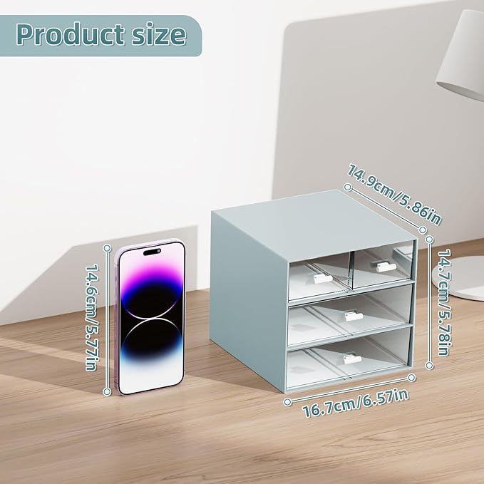Marbrasse Desk Organizer with 4 Drawers，Office Organization, Clear Plastic Desk Organizers and Storage, Desktop Organizer for Office School Home (Blue-4 Drawers)
