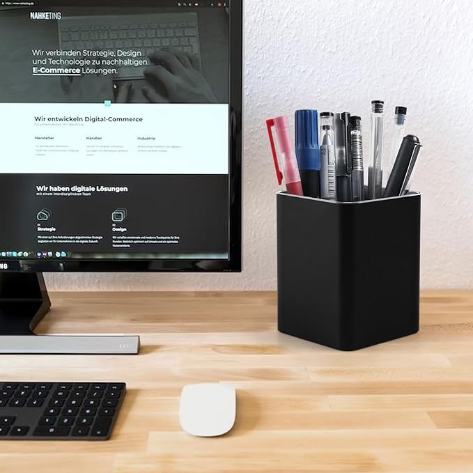 RQB Metal Pen Holder for Desk Square Aluminum Desktop Organizer and Makeup Brush Holder Storage Box for Office, School, Home, and Kids, Non-slip silicone 4×3.15inch (Black)