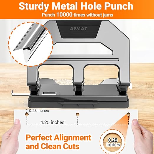 AFMAT Heavy Duty 3 Hole Puncher, 40-Sheet Paper Punch Heavy Duty, 50% Reduced Effort Three Hole Punch, 10K+ Uses, Metal Hole Puncher 3 Ring w/Large Tray, Bulit-in S.S. Paper Guide, Gray