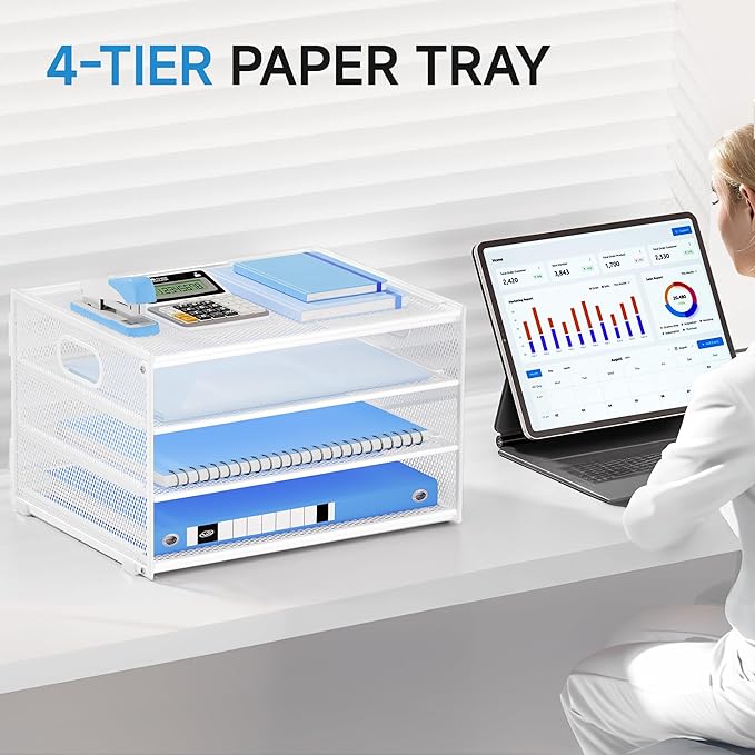 Lavatino 3-Tier Letter Tray Desk Organizer, Mesh Metal Paper File Tray Organizer for Desk, Office Supplies & Home Organization, Fits A4 Paper, Mail, Magazines & Office Accessories (White with Handle)