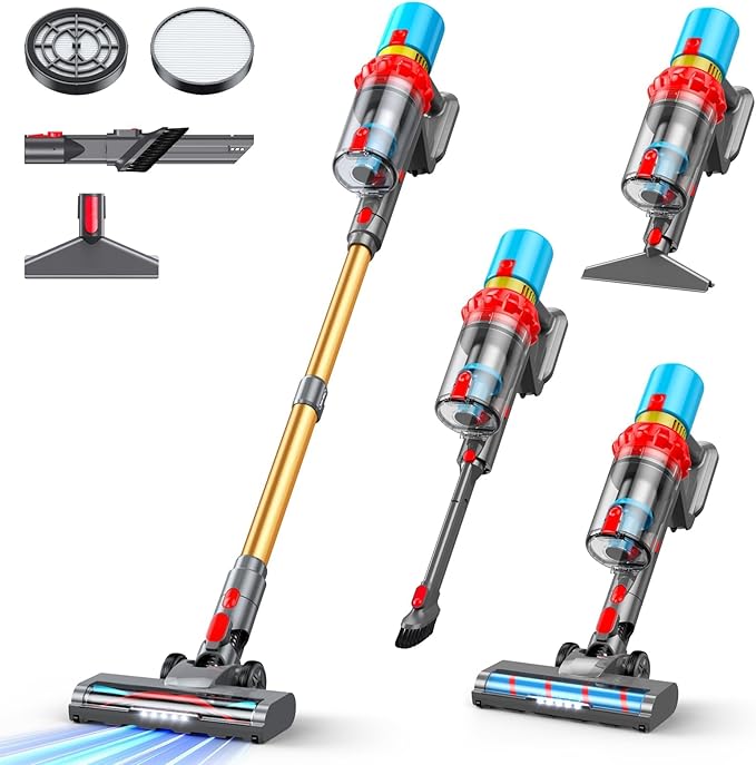 KZJKZJ Cordless Vacuum Cleaner, 550W 70Mins Powerful Suction Stick Vacuum, Anti-Tangle, Lightweight Vacuum Cleaner for Home, Rechargeable Vacuum Cordless for Hard Floor/Carpet/Pet Hair, LED Screen