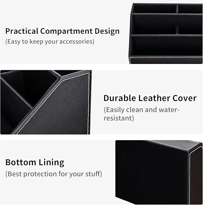 KINGFOM Pu Leather Desk Organizer with 5 Compartments Holder, Multi-Functional Office Supplies Storage Caddy for Pen/Pencil, Phones, Remote Controller and Desktop Accessorie Black