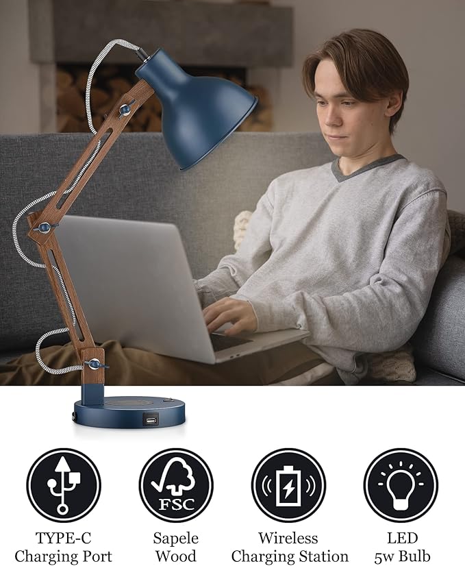 ELYONA Sapele Wood Desk Lamp with Upgraded Wireless Charger, Swing Arm Table Lamp with USB C Charging Port, Reading Task Light for Bedroom, Dorm, Office, Living Room, LED Bulb Include, Modern Blue