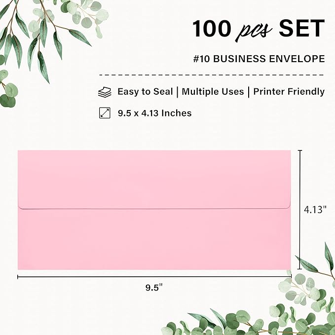 100 Pack #10 Business Envelopes, Self Seal Standard Pink Envelopes for Secure Business & Legal Mailing, Office, Checks, Letter, Invoices, 4 1/8 x 9 1/2 Inches