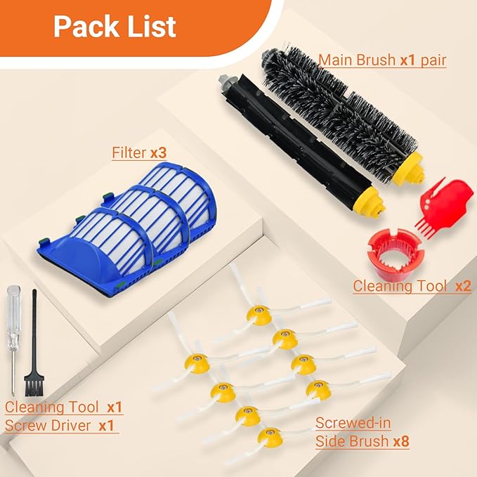 Replacement Parts and Accessories Kit Compatible for iRobot Roomba 692 694 676 675 695 677 671 655 645 690 680 660 650 620 614 610 635 595 564 Vacuum,Bristle and Beater Brush,3 Filter, 8 Side Brush