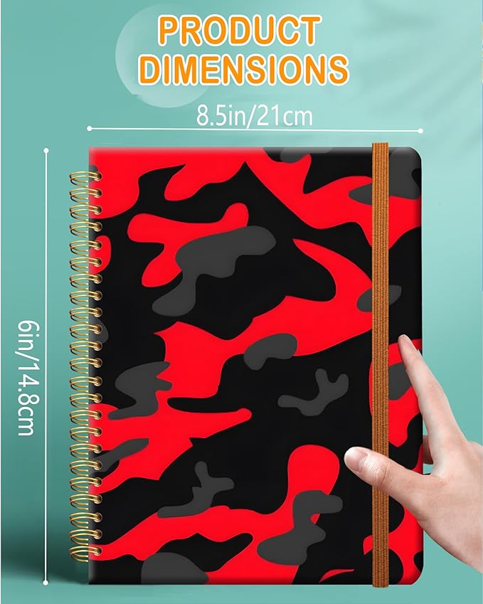 Ruled Spiral Writing Notebook,A5 Hardcover Lined College Journal for Women,Strong Twin-Wire Binding with Premium Paper,8.4" X 6",Perfect for School,Office,Home(Red Black Camo Camouflage)