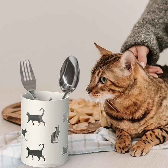 Mango Steam Metal Pen Holder, Makeup Brush Cup Organizer for Office, Bathroom, Vanity (White, Cat)…