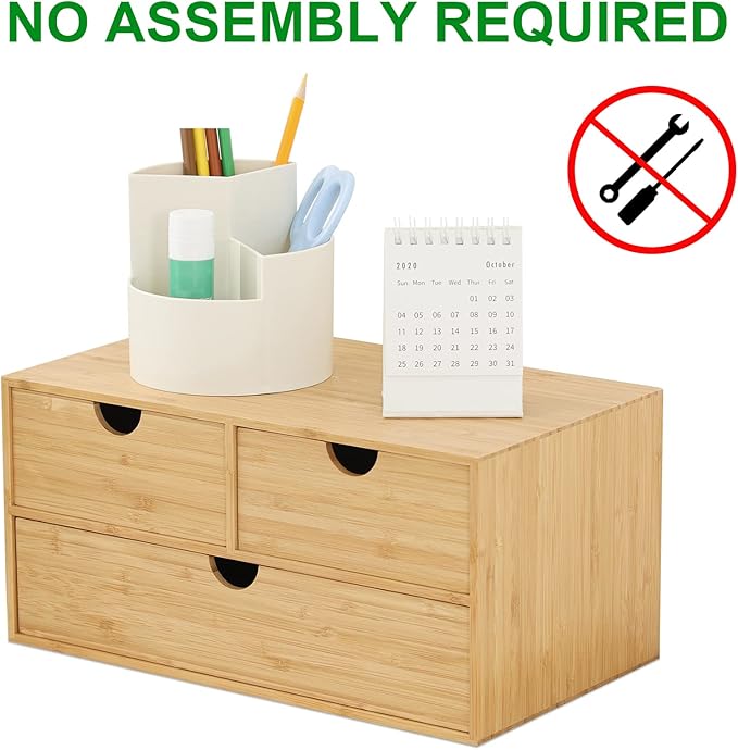 Wisuce Bamboo Desk Organizer - Mini Desktop Drawer Tabletop Storage Organization Box for Office Home Toiletries Supplies, No Assembly Required (3 Drawer)