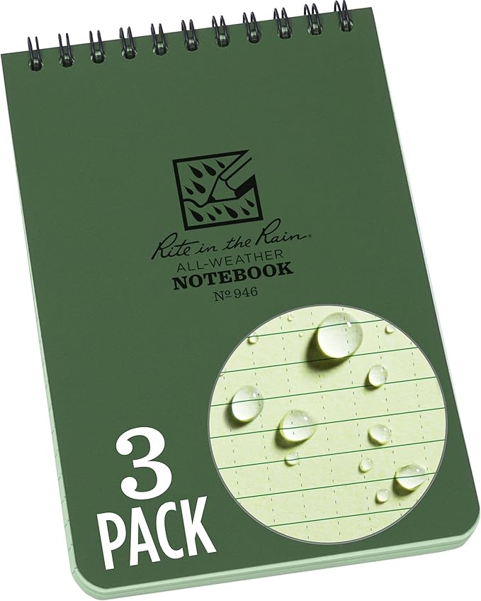 Rite In The Rain Weatherproof Top Spiral Notebook, 4" x 6", Green Cover, Universal Pattern, 3 Pack (No. 946-3)