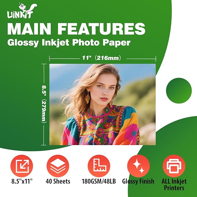 40 Sheets glossy Photo Paper Coated 8.5x11 180Gsm 49lbs 8.5Mil For Inkjet and Laser Printer Uinkit (8.5x11x40)