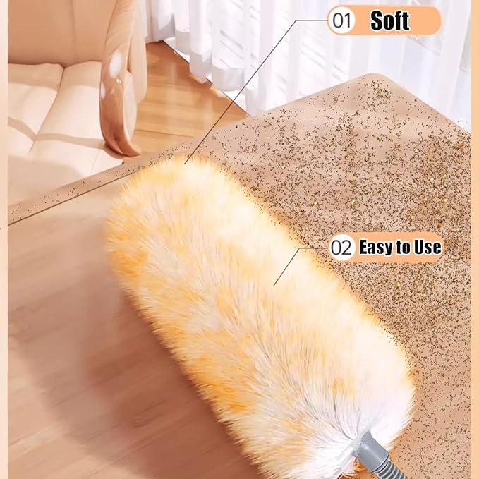Leories Feathers Duster 97" Long Telescoping Lambswool Duster with Bendable Wool Head - Ultra-Thick Stainless Steel Extension Pole for Cleaning