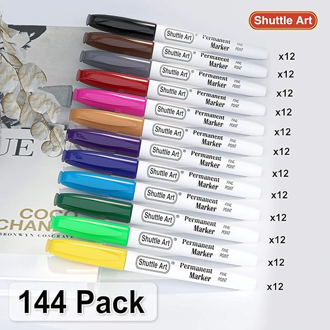 Shuttle Art 144 Pack Permanent Markers, Permanent Marker Assorted Colors, 12 Bright Colors Fine Point Permanent Markers For Kids and Adult Coloring on Wood, Stone, Glass as Office, School Supplies