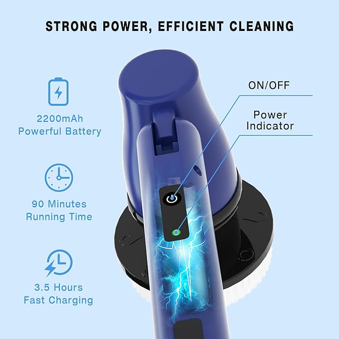 Electric Spin Scrubber Cordless Bathroom Scrubber with Adjustable Long Handle, 2 Speeds Power Cleaning Brush with 7 Replaceable Brush Heads for Bathtub, Tile, Floor (Blue)