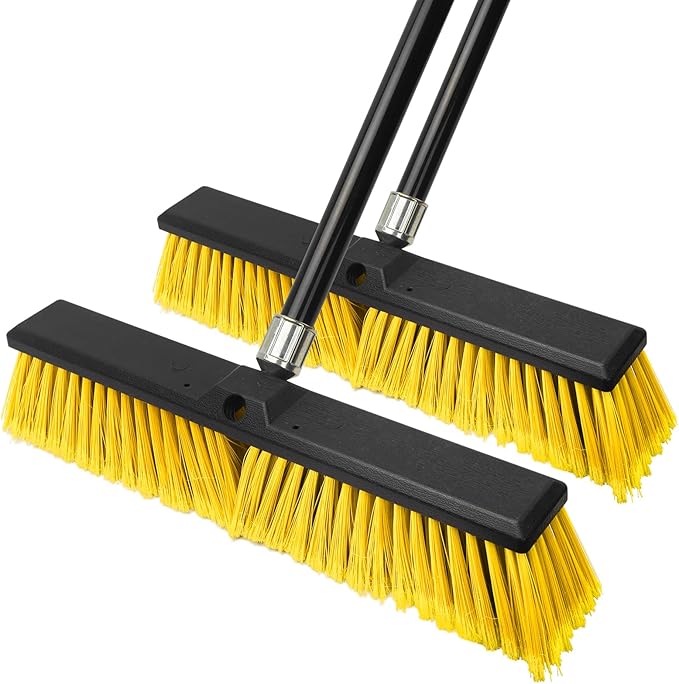 TOMAIX 18 Inches Push Broom Outdoor，Commercial Broom Brush，Stiff Bristle Brush with 61.8 inches Long Handle for Patio Garage Deck Street Shop Warehouse Lawn Driveway -2 Pack
