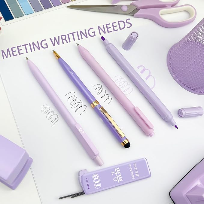 Purple Desk Accessories Set - 16 Pcs Purple Office Supplies with Stapler, Tape Dispenser, Pen Holder, Staple Remover, Hole Punch, Staples Aesthetics Desk Sets for Office, Home, School Women