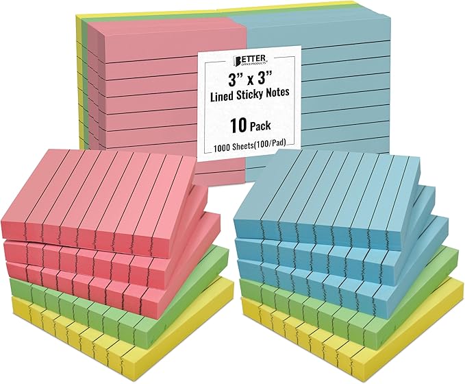 Lined Sticky Notes 3 x 3, 10 Pack, 1,000 Sheets (100/Pad), Self Stick Notes with Lines, Assorted Pastel Colors, by Better Office Products, Post Memos, Strong Adhesive, 10 Pads