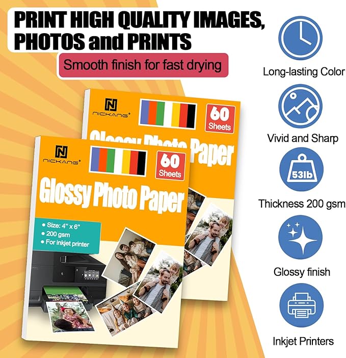 4x6 Photo Paper, Glossy Photo Paper 4x6, 53 LB/200 gsm, 120 Sheets Bulk, Photo Printer Paper, Picture Paper for Inkjet Printer