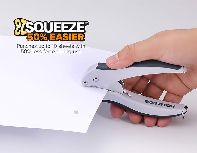 Bostitch Office EZ Squeeze One-Hole Punch, 10 Sheet Capacity, Lightweight, Gray/Blue, Pack of 3