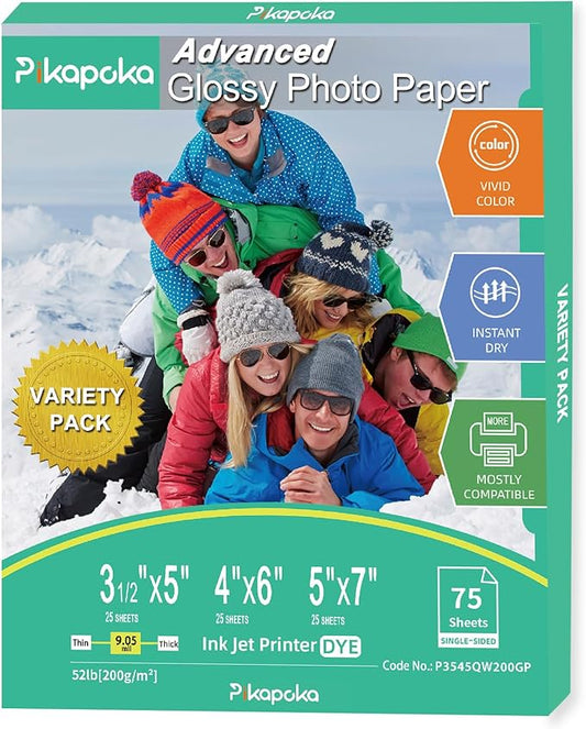 Glossy Photo Paper 3.5x5, 4x6, 5x7, Photo Printer Paper for Inkjet, 75 Variety Pack, Assorted Sizes, 52lb/200gsm