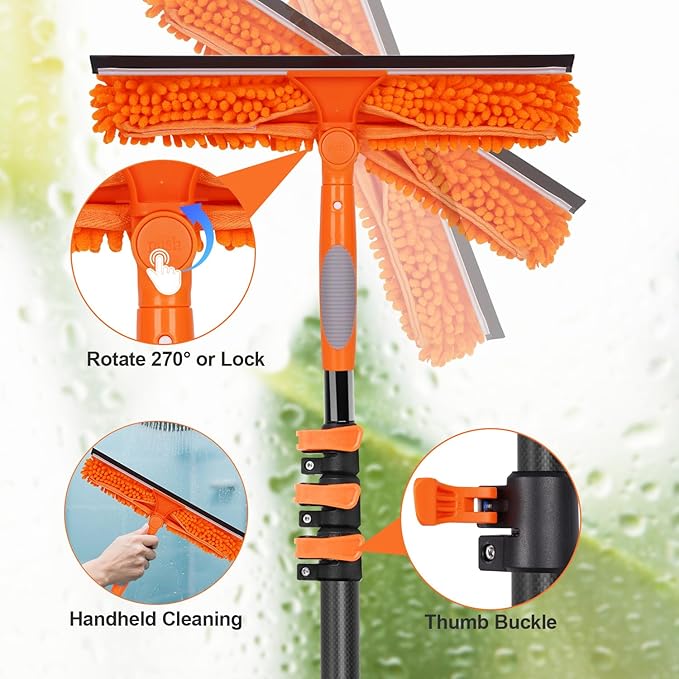 Msnaile Window Squeegee with Carbon Fiber Extension Pole for Home, 3.5 to 12Ft Window Cleaning Kit Tool Outdoor, Lightweight Professional Window Washing Kit with Rotatable Head & 2 Scrubbers, 2 in 1