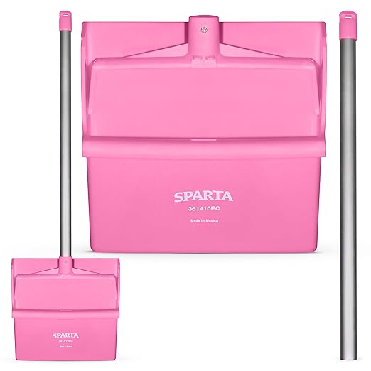 SPARTA Upright Dustpan with Aluminum Handle, Serrated Edge for Broom Combing, Secure Yoke Lock with Easy Storage Hanging Hole for Commercial Cleaning, Plastic, 30 Inches, Pink