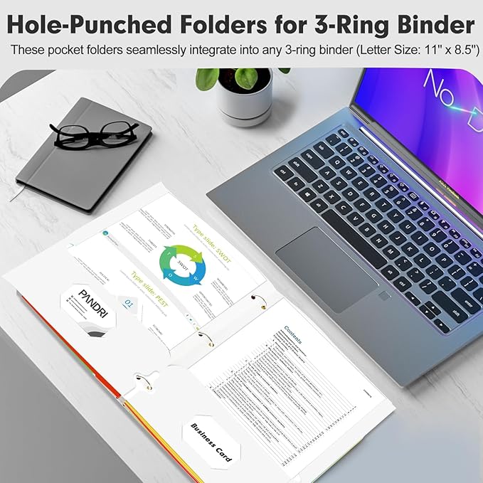 Two Pocket Portfolio Folders, PANDRI 60 Pack 3 Hole Punched 2 Pocket Folders for 3 Ring Binder, Letter Size Paper File Folder for School Office Home Business, White