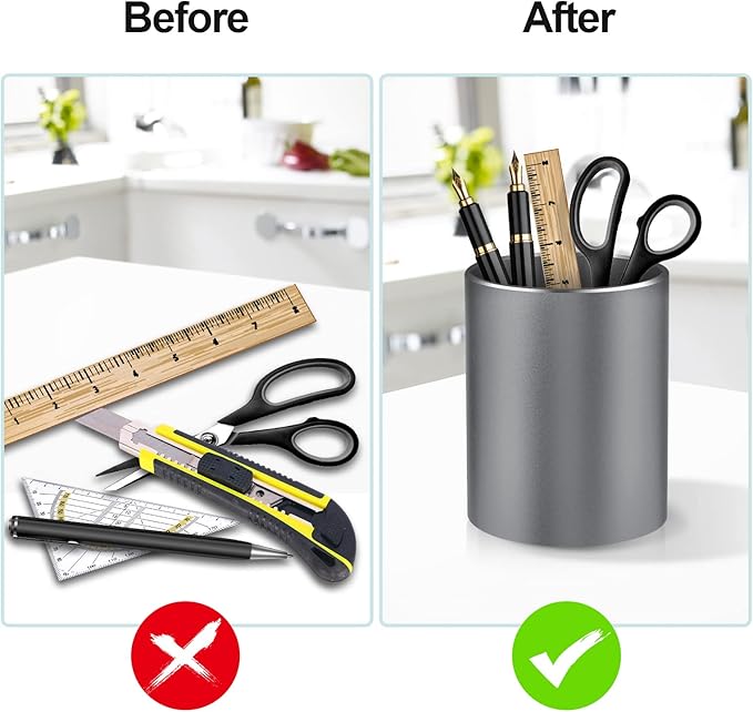 Pen Holder for Desk, Pencil cup Pen Organizer for Desk Metal Pencil Holder Pen Cup and Storage Box for Office, School, Home, and Kids Non-slip silicone bottom 3.93 * 3.14inch (Grey)