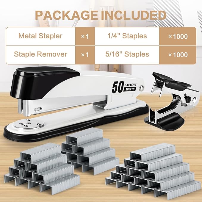Deli Stapler Heavy Duty, Full Strip Staplers for Desk with 2000 Staples and Staple Remover, 50 Sheet Capacity, No Jam, Non-Slip Office Stapler with Staples for Office, Classroom, White