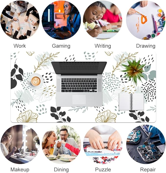 QIYI Large Mouse Pad, Extended Desk Mat for Desktop, PU Leather Waterproof Gaming Mousepad, Computer Desk Accessories Protector Writing Pads for School Office Home 31.5" x 15.7" - Floral Outlines