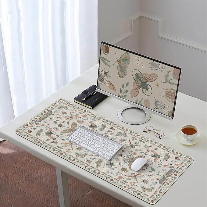 HAOCOO Desk Matt for Desktop,Cute Mouse Pad, Floral Desk Pad, Large Mouse Pad with Non-Slip Base, Waterproof Computer Mouse Mat for Gaming, Keyboard Mat Sets for Women Office Decor(Beige)