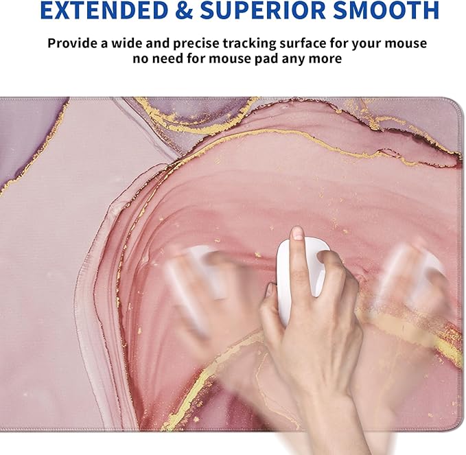 Rose Gold Marble Mouse Pad Abstract Marble Mouse Pad 31.5x11.8 Inch Texture Non-Slip Rubber Base Large Mousepad Stitched Edges Keyboard Mouse Mat Desk Pad for Office and Home