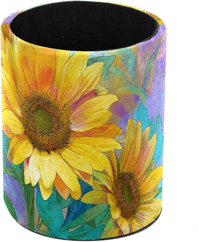 Watercolor Art Sunflower Circular Pen Holder, Pen Cup Makeup Brush Holder, Design for School, Home and Stationary Supplies (3.9 x 3.1 Inches)