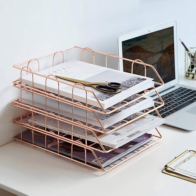 Jolitac Rose Gold 4-Tier Stackable Paper Tray Desk Organizer, Workspace Decorative Stacking Rack Supplies Holder, Metal Letter Trays for File Documents in Home & Office (Rose Gold)