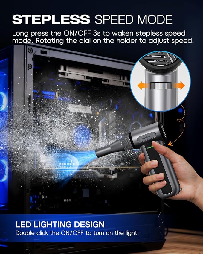 WeGuard W22 Electric Air Duster, 180000 RPM Compressed Air Duster with LED Light, 3-Speed Adjustable/Compressed Air Can Alternative, Dust Blower for Computer, Keyboard, Car, Leaves, Outdoor