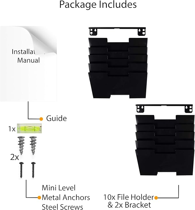 Wallniture Lisbon 10-Tier Wall Mounted File Holder and Desk Organizer, Metal Black Office Organization and Storage Rack