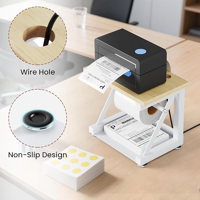 Label Holder for Rolls and Fan-fold Labels, Heavy Duty Metal Thermal Label Holder for Desktop Printer Holder, Thermal Printer Accessory for Office, Home, Small Business (White)