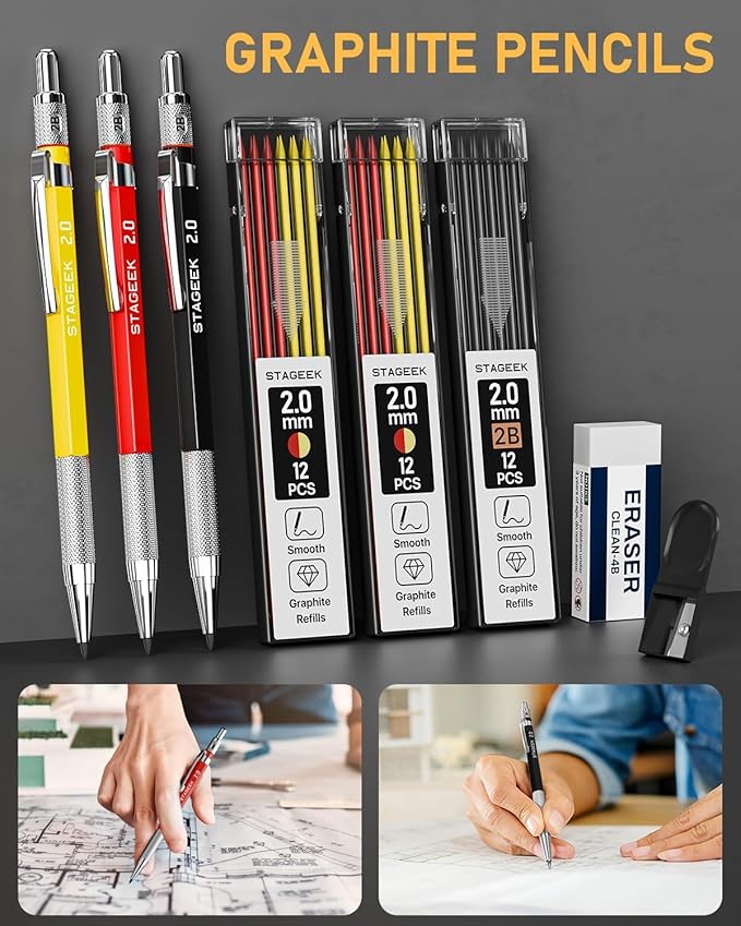 22 Pack Carpenter Pencil Set with Sharpener, Mechanical Carpenter Pencils with 60 Refills, Deep Hole Long-Nib Marker Pens, Carbide Scribe Tool & Construction Pencils for Architect with Case