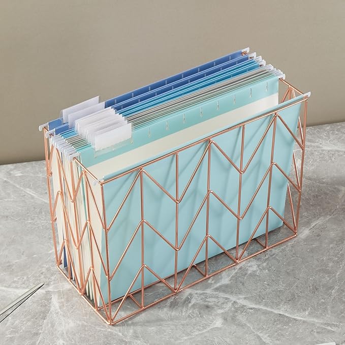 Hanging File Folder Kit Includes 1 Rose Gold Hanging File Desk Organizer and 20 Pack Hanging File Folders Letter Size with 1/5 Cut Tabs Design for School Office Home Supplies, Blue Design