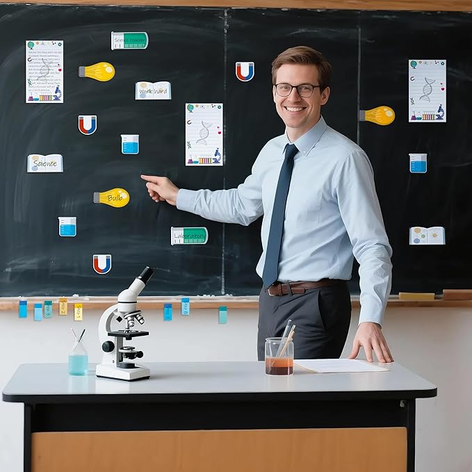 B1ykin Sticky Notes Set, Cartoon Theme Cute Self-Stick Notes Pad Teacher Appreciation Gifts， Self-Adhesive Writing Memo Pages Sticky to Do Notepad for Kids Employee School Office (Science Teacher)