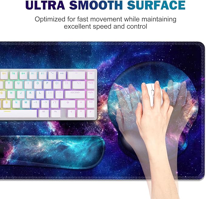 Gaming Mouse Pad, Large Desk Mat, Cute Desk Pad Protector, 4in1 XXL Mousepad + Keyboard Wrist Rest+Mouse Wrist Rest+Coaster Set with Ergonomic Desk Pad for Home Office Table Computer, Galaxy Space