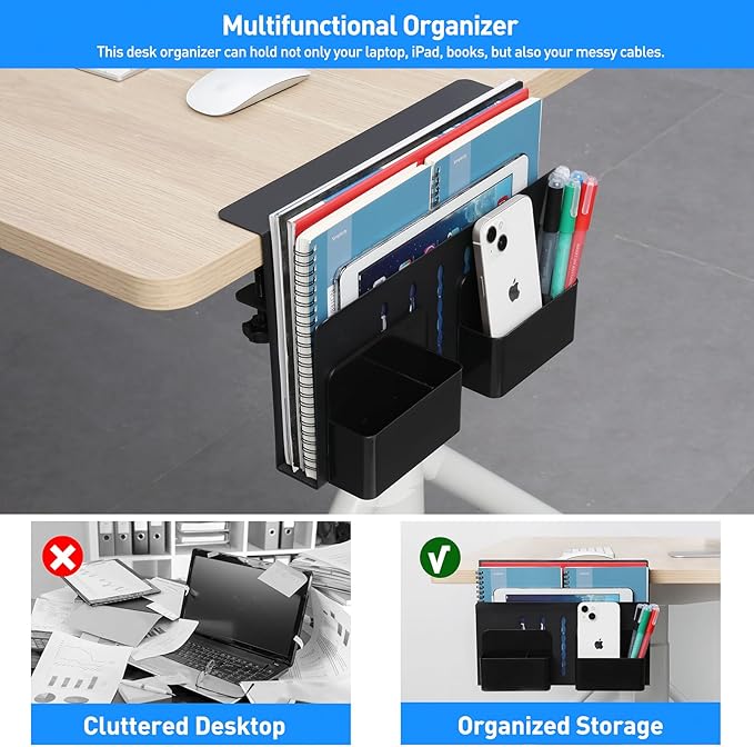 MAXECHO Desk Side Storage, Under Desk Laptop Mount, Table Side Hanging File Organizer, No Drill Clamp On Cable Management Tray, Laptop Holder with Magnetic Pen Holder for Office and Home, Load 22 Lbs