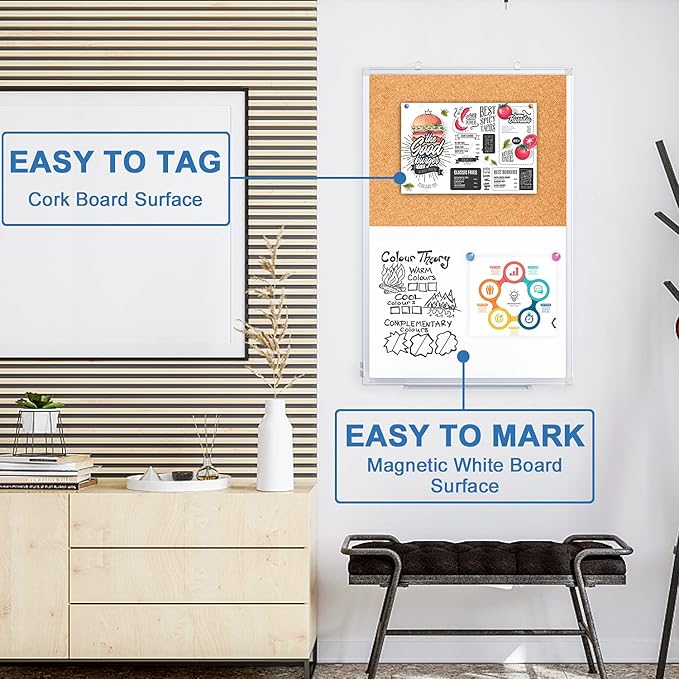 Magnetic White Board and Cork Board Combo, 36 X 24 inches Whiteboard Bulletin Combination Board, Wall Mounted Dry Erase Message Board for Home, School and Office