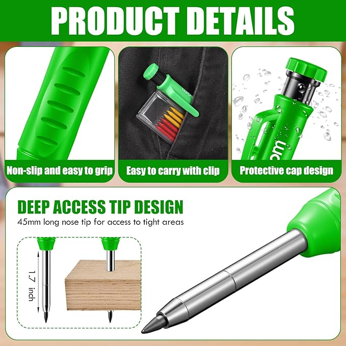Hiboom 6 Pack Solid Carpenter Pencils Mechanical Construction Pencils with 72 Pcs 2.8 mm Lead Refills Pencil Cap Built In Sharpener Woodworking Marking Tools for Architect Long Nosed Deep Hole Scribe
