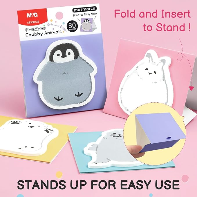 M&G Chubby Animal Sticky Notes, 4 Pads 120 Sheets, 3 x 2 Inch Cute Cartoon Memo Pads, Foldable Stand Self-Stick Notes for School Office Home