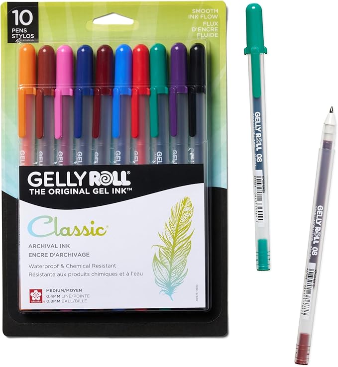 SAKURA Gelly Roll Gel Pens - Medium Point Ink Pen for Journaling, Art, or Drawing - Assorted Colored Ink - 10 Pack